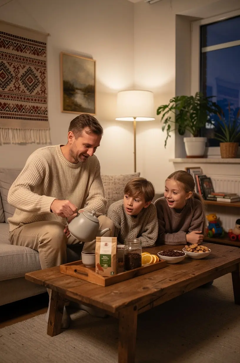 Šypsanti šeima prie stalo, mėgaujanti šiltomis žolelių arbatomis sveikatos ir gerovės labui.