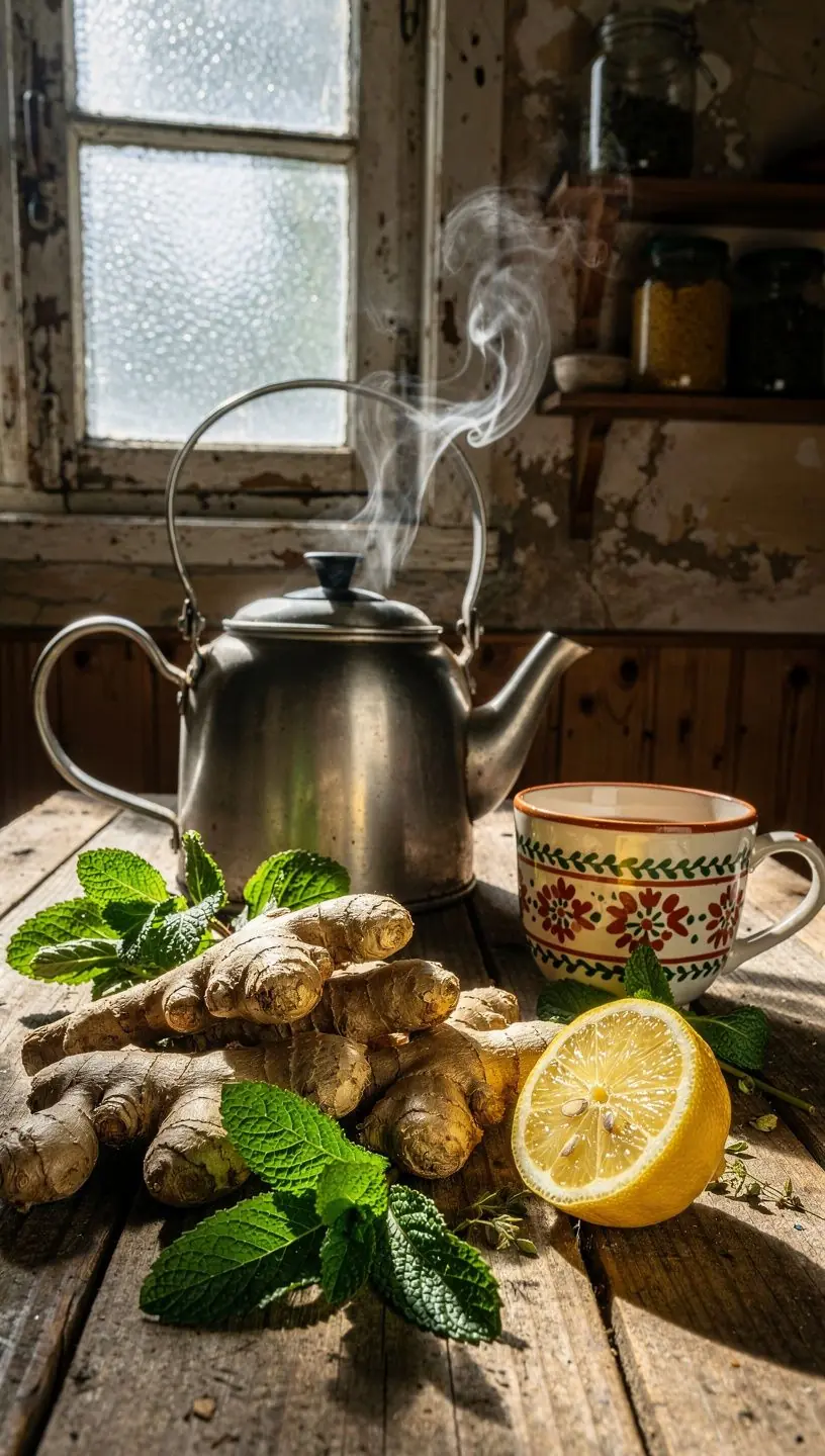 Šiltos žolelių arbatos puodelis ant medinio stalo, simbolizuojantis kasdienės ramybės akimirkas.