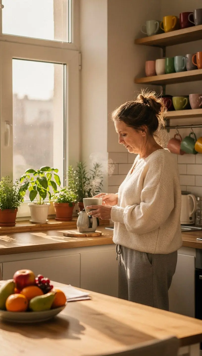Moters ranka, laikanti šiltą arbatą, perteikianti kasdienio komforto ir atsipalaidavimo jausmą.
